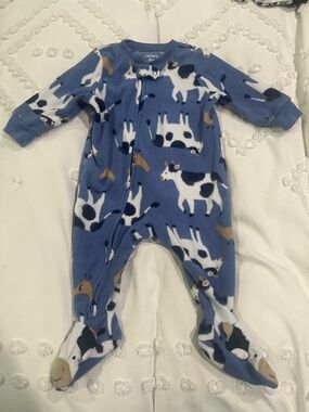 Carter's Blue Cow-Print Fleece Footed One-Piece